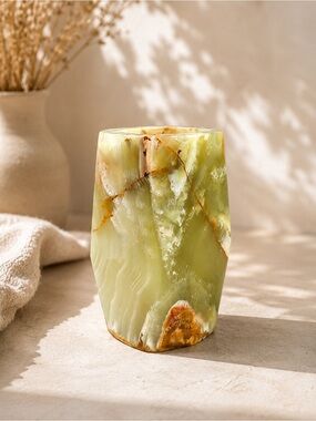 Vintage Genuine Hand Carved Natural Green Onyx Stone Candle Holder • 2x4 Tumbler